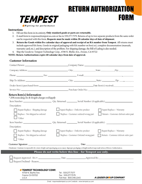 Email Return Authorization Form